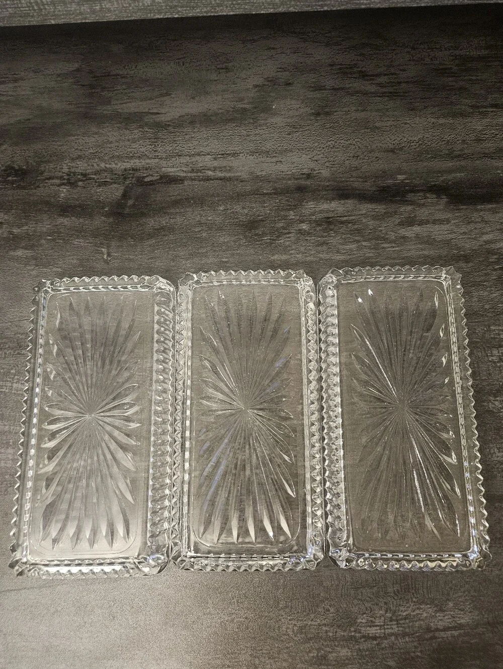 3 VTG Clear Pressed Glass Starburst Rectangular Trinket Dishes / Relish Trays